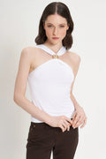 CARLA G. - Maglia halter in jersey con applicazione dorata